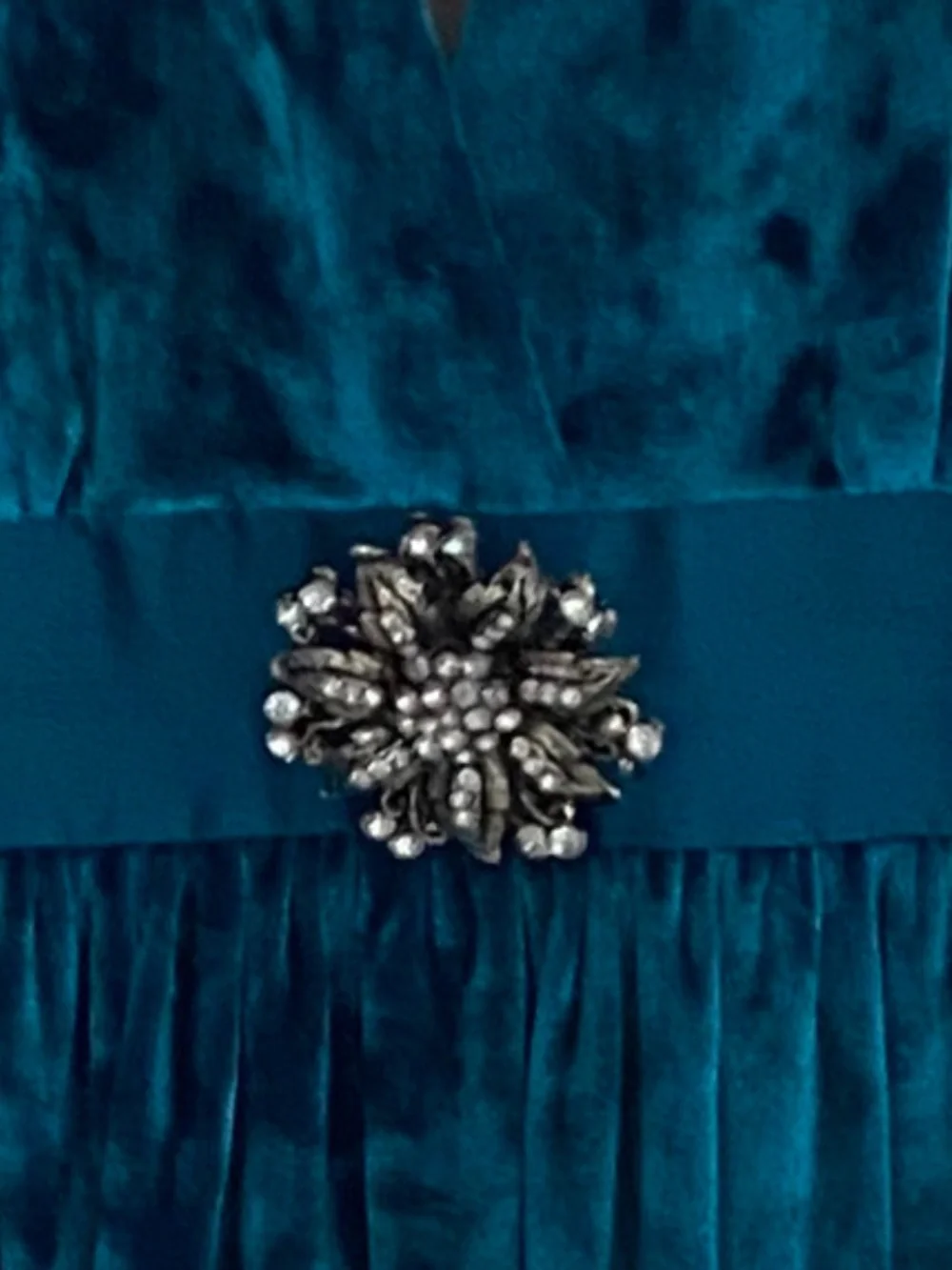 Heart Moon Star Y2K pleated halter dress teal crushed velvet brooch waist M